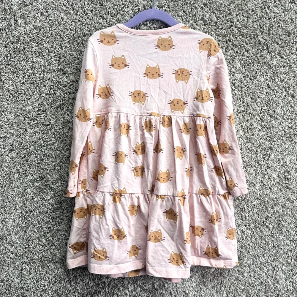 Hanna Andersson Dress Girls 4 Pink Cat Print Long Sleeve Tiered - Picture 5 of 5